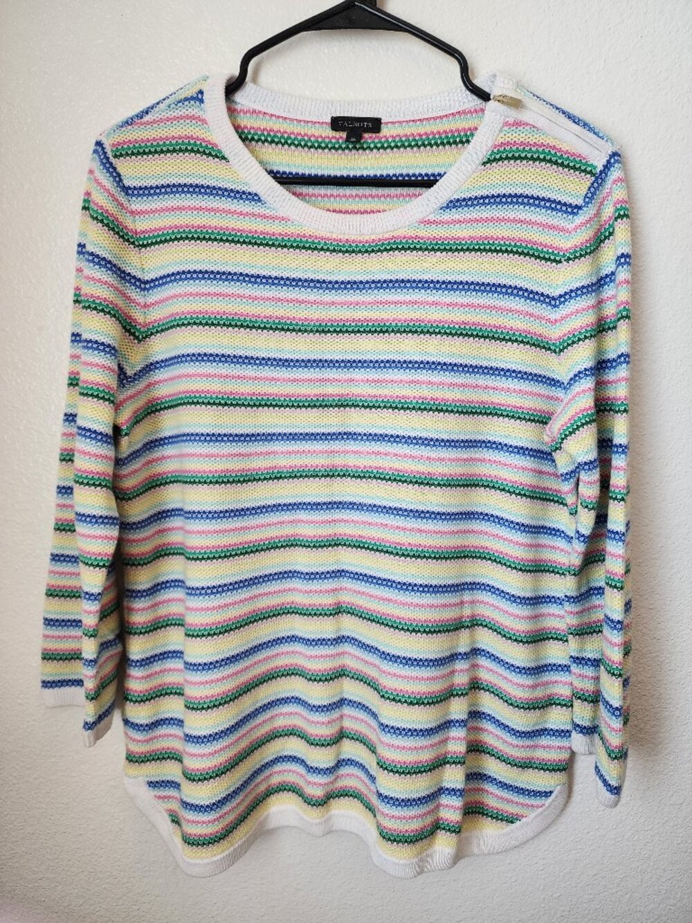 Talbots Striped Knit Pullover Sweater with Shoulder Zip Accent Coastal